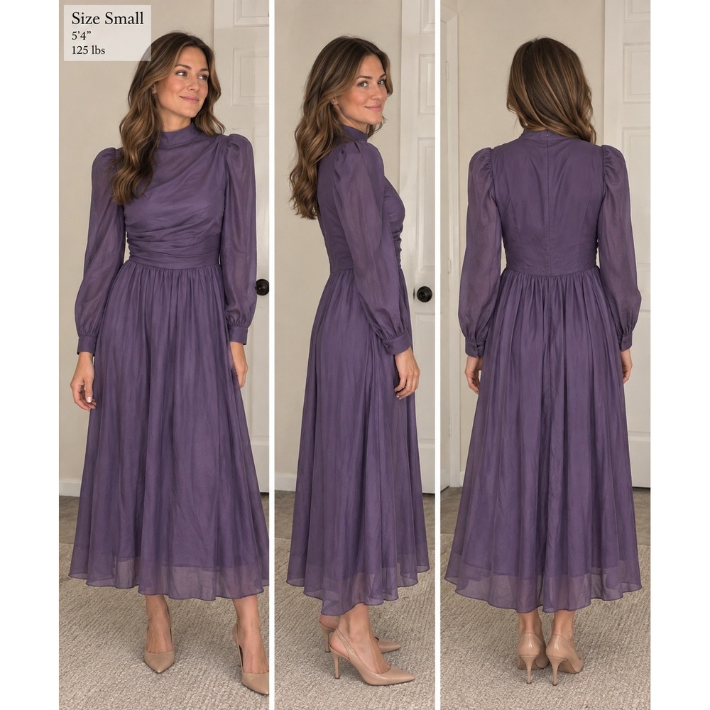 Cider Purple Shimmer Mock Neck Draped Midi Dress Long Puff Sleeve Small NWT